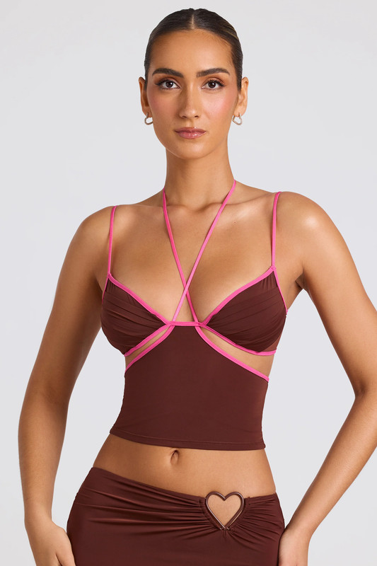 Contrast Binding Cami Top in Chocolate Brown - UK Size:10 - Cup Size:A-C